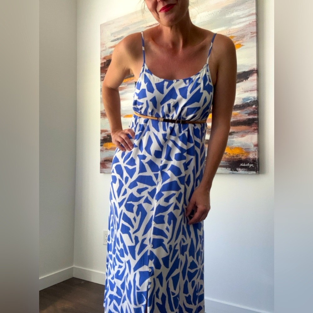REITMANS Blue Abstract Print Button-Down Midi Dress Medium